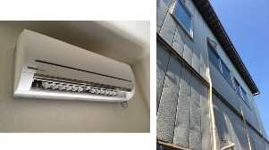 つくば市でスライダーを使用しての高所エアコン設置作業